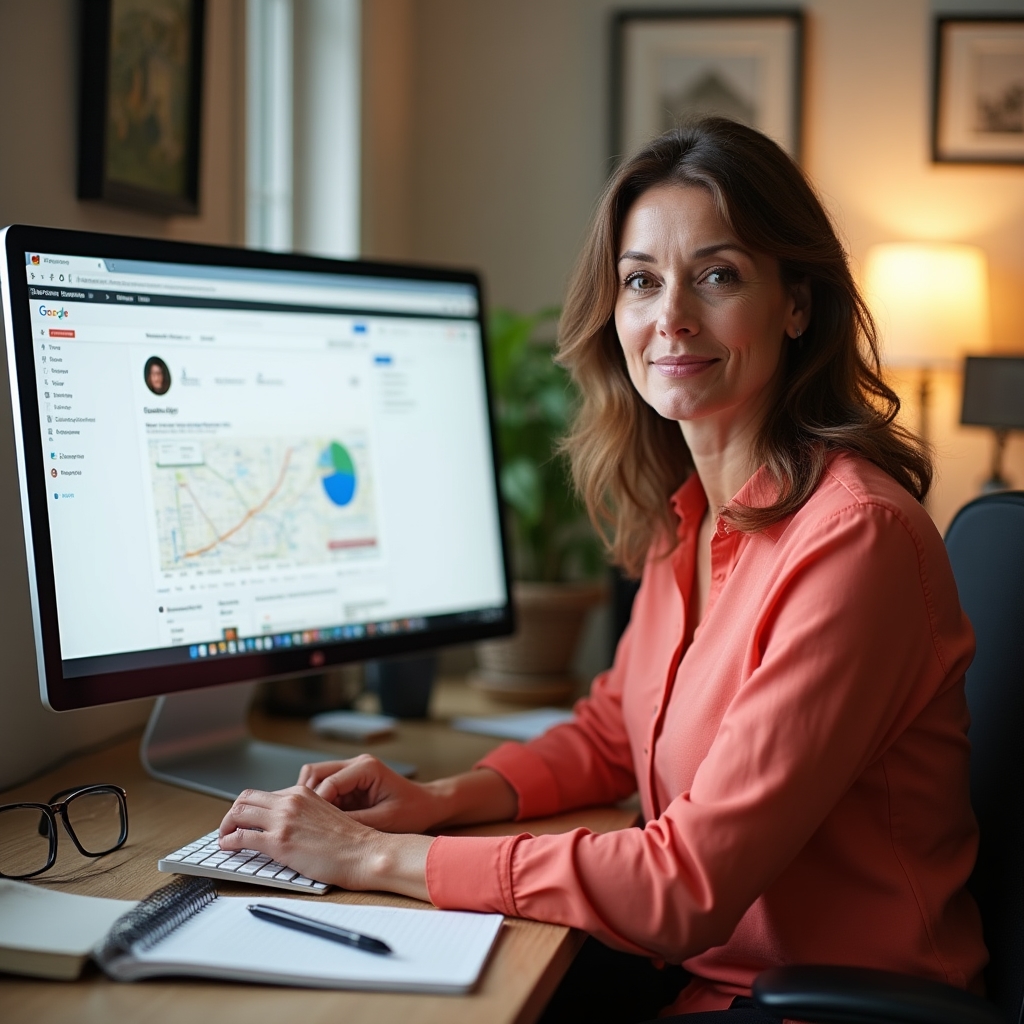 A focused middle-aged woman business owner reviewing her Google Business Profile on a desktop computer, with a notepad open beside her and a warm office environment in the background