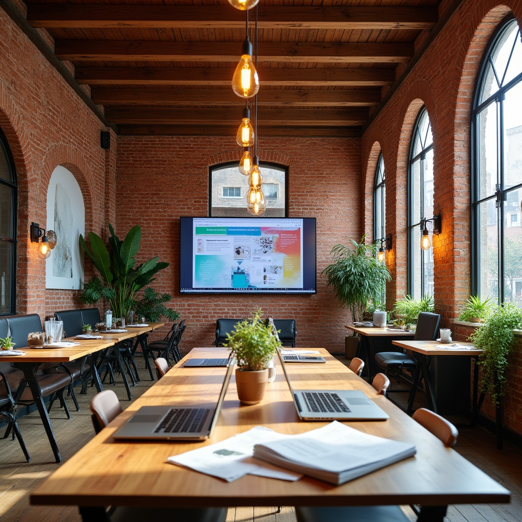 A welcoming open-plan office workspace in Cincinnati with exposed brick walls, large windows letting in natural light, wooden desks, and plants creating a collaborative and creative atmosphere
