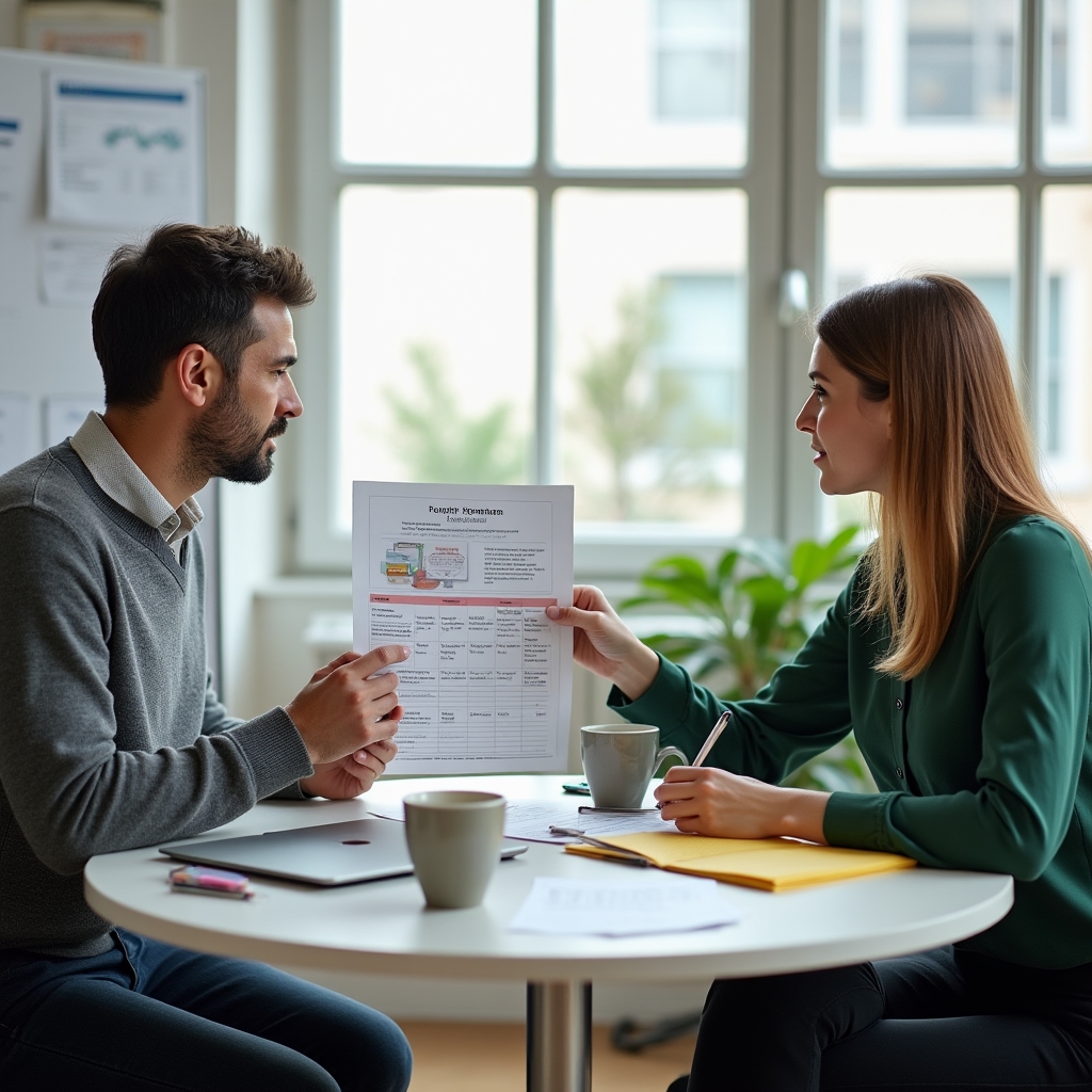 Two business professionals sitting across a table reviewing a printed local SEO audit report, one pointing to a section while the other takes notes