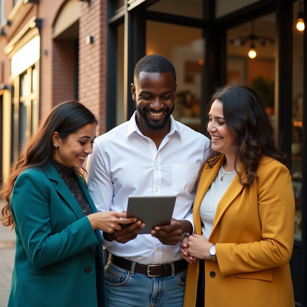 Three small business owners of different backgrounds standing together outside a brick storefront, smiling and looking at a tablet displaying their business listing, warm afternoon light