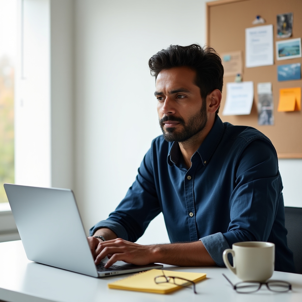 A small business owner studying local SEO concepts at a desk with notes, a coffee cup, and an open laptop showing Google search results