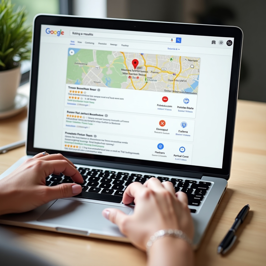 Close-up of a laptop screen showing Google Maps local pack results with three business listings, pins, and star ratings visible