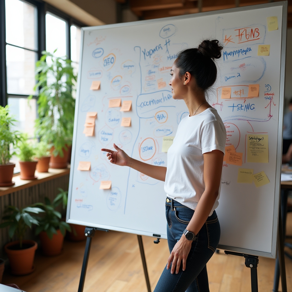 Business owner with a whiteboard showing a hand-drawn local SEO strategy map, surrounded by sticky notes and planning materials in a bright creative studio