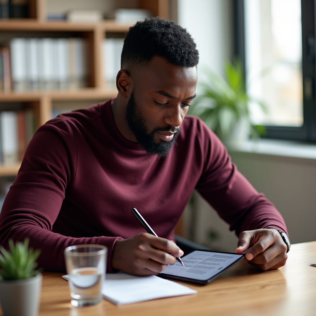 A person writing a review response on a tablet, seated at a clean modern desk with natural light, looking focused and thoughtful
